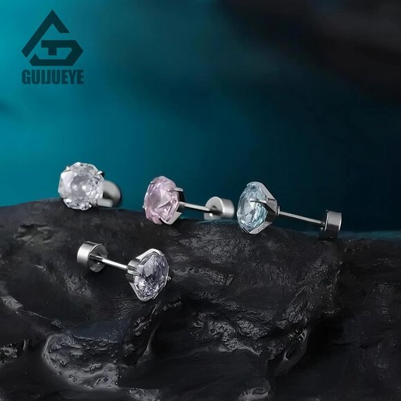 Blue hypoallergenic ASTM F136 Titanium screw-on stud earrings with rose cut cubi - Picture 5 of 5